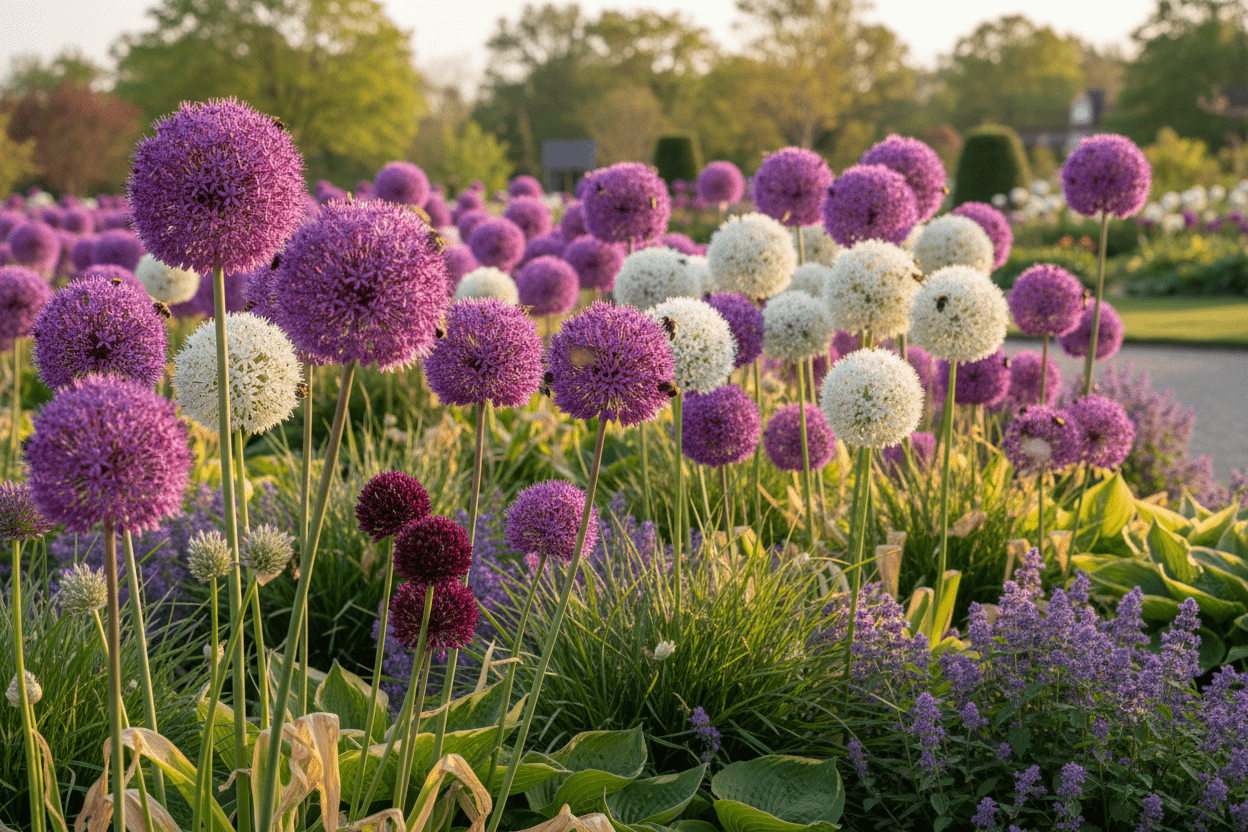 Colorful allium flowers blooming in a vibrant backyard garden, perfect inspiration for home gardeners