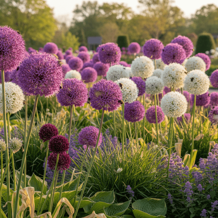 Colorful allium flowers blooming in a vibrant backyard garden, perfect inspiration for home gardeners