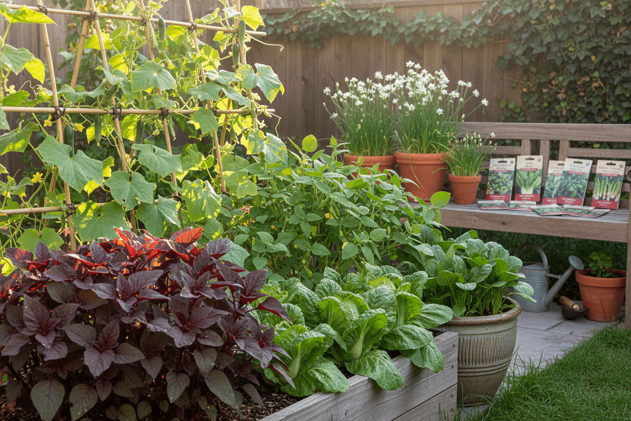 Asian vegetable seeds for home gardeners shown with thriving greens in a backyard garden setting