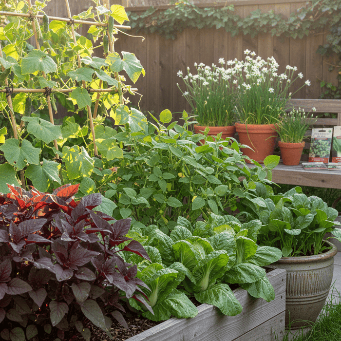 Asian vegetable seeds for home gardeners shown with thriving greens in a backyard garden setting