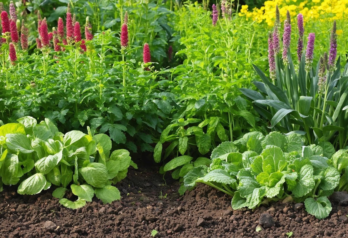 Lush garden bed with leafy greens and flowering plants showing best cover crops for healthy soil