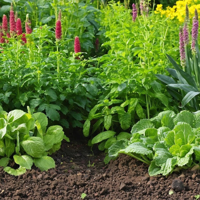 Lush garden bed with leafy greens and flowering plants showing best cover crops for healthy soil