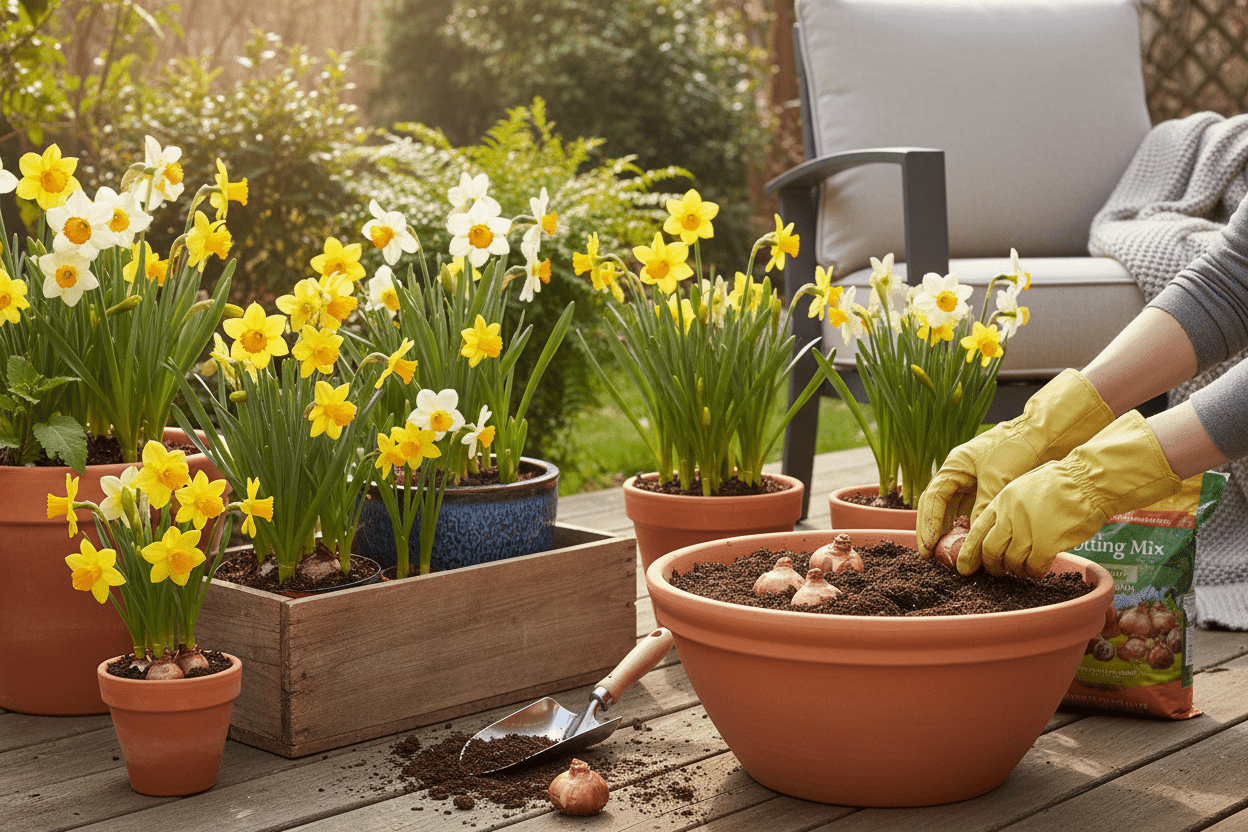How to plant daffodil bulbs in pots for a colorful spring patio garden display