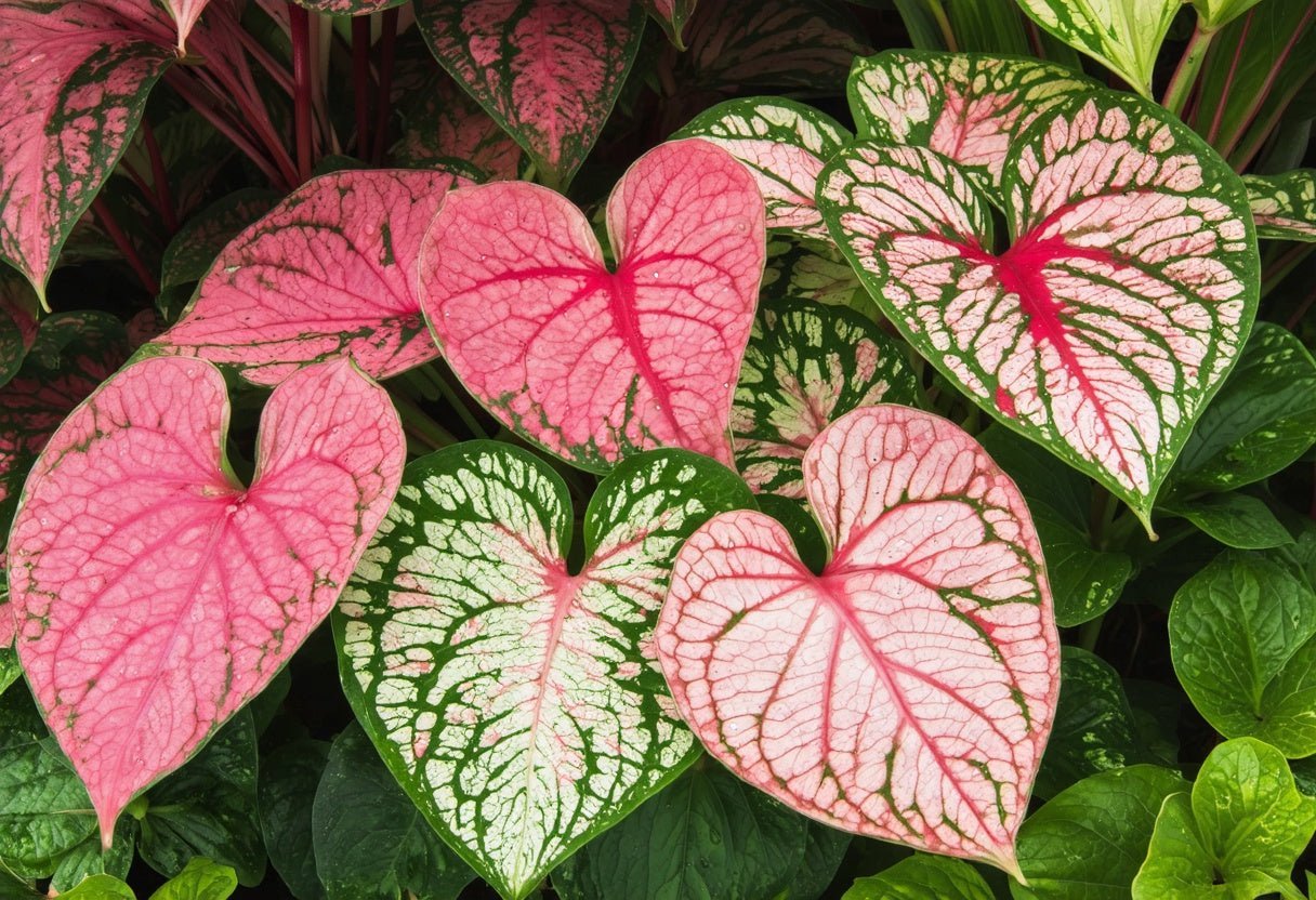 Bright pink and green heart-shaped leaves grown from caladium bulbs, inspiring your colorful garden journey