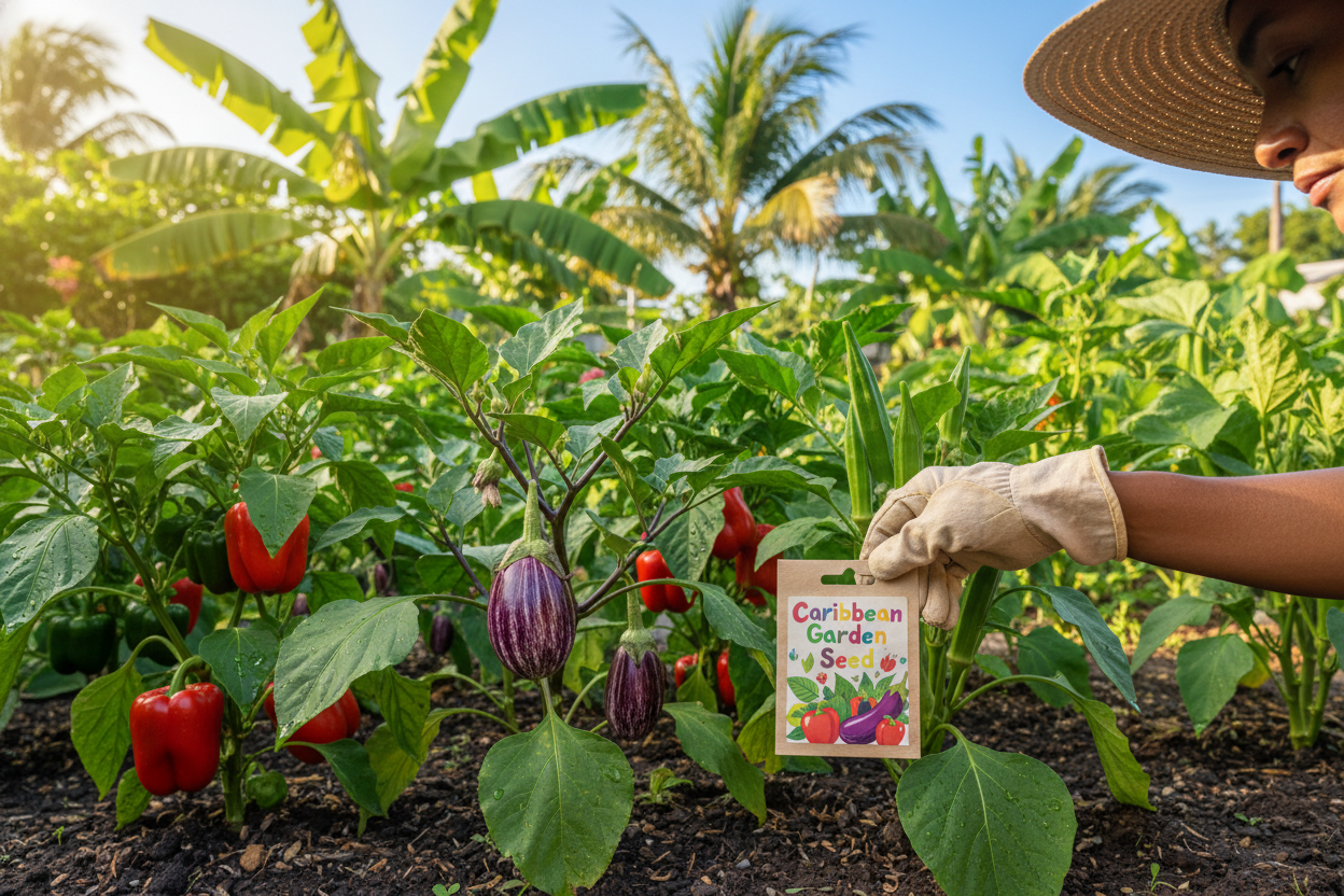 Caribbean garden seed for home gardeners shown in a vibrant backyard vegetable garden setting