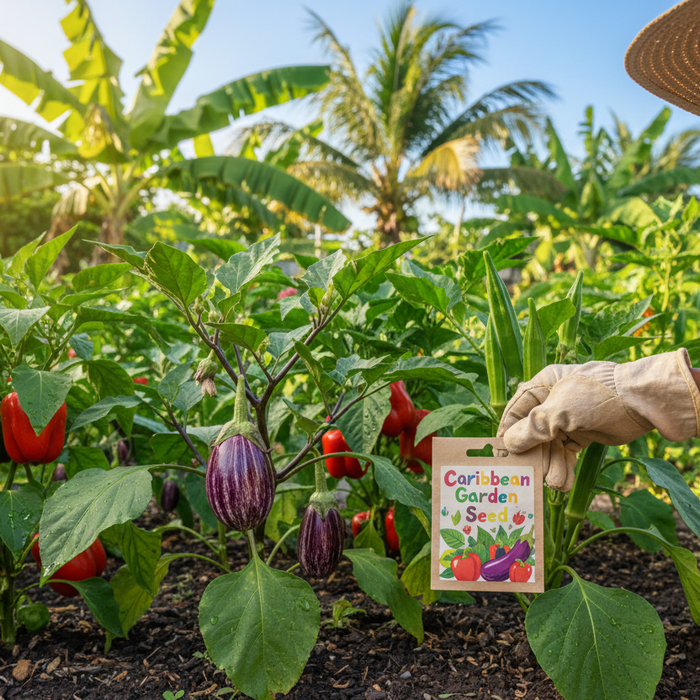 Caribbean garden seed for home gardeners shown in a vibrant backyard vegetable garden setting
