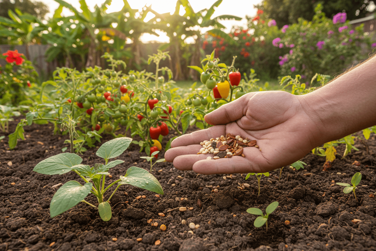 Caribbean garden seeds ready for planting in a vibrant backyard vegetable garden for home growers