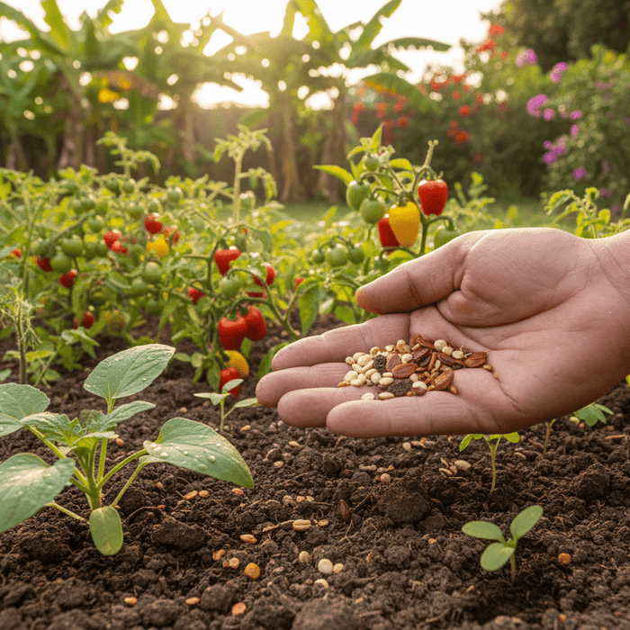 Caribbean garden seeds ready for planting in a vibrant backyard vegetable garden for home growers