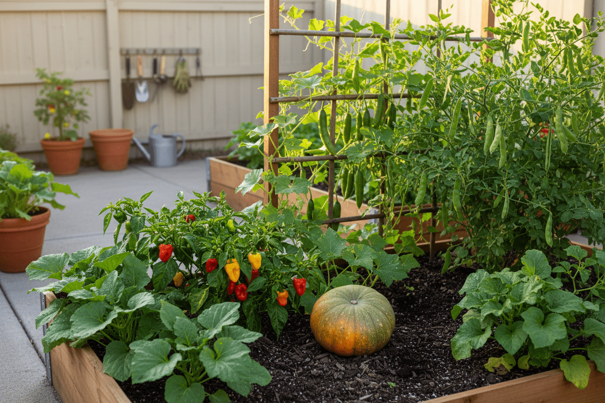Lush backyard raised bed with vibrant vegetables grown from caribbean garden seed for home gardeners
