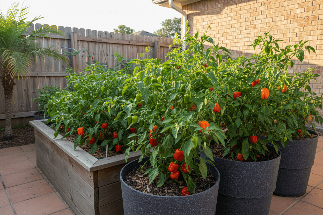 Organic pepper plants thriving in raised beds and patio containers for home gardeners and backyard growers