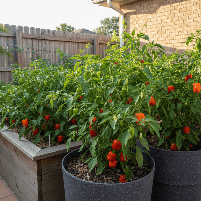 Organic pepper plants thriving in raised beds and patio containers for home gardeners and backyard growers