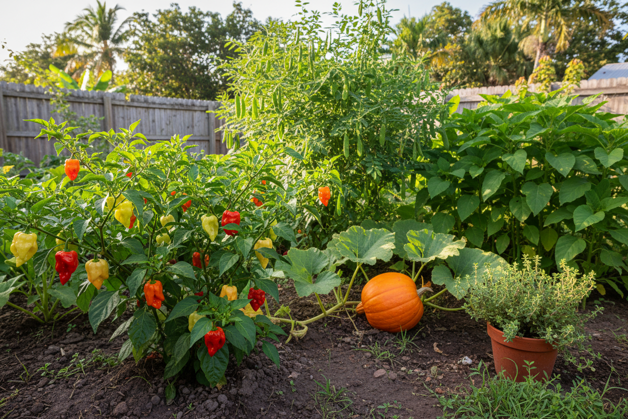 Colorful vegetables and herbs grown from Caribbean seeds thriving in a vibrant backyard garden