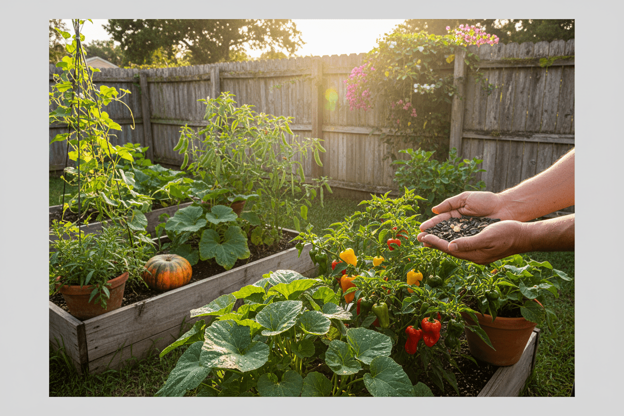 Caribbean seeds for home gardeners shown in a vibrant backyard vegetable garden at sunset