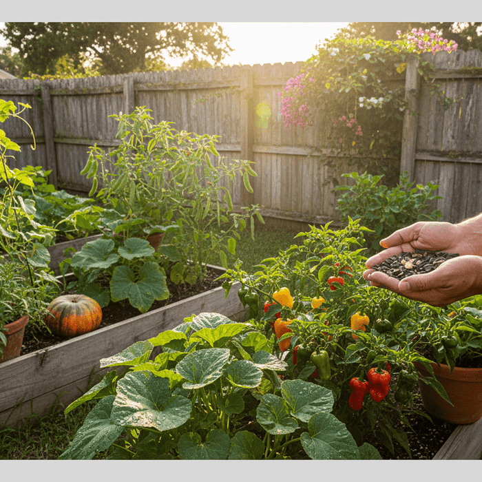 Caribbean seeds for home gardeners shown in a vibrant backyard vegetable garden at sunset