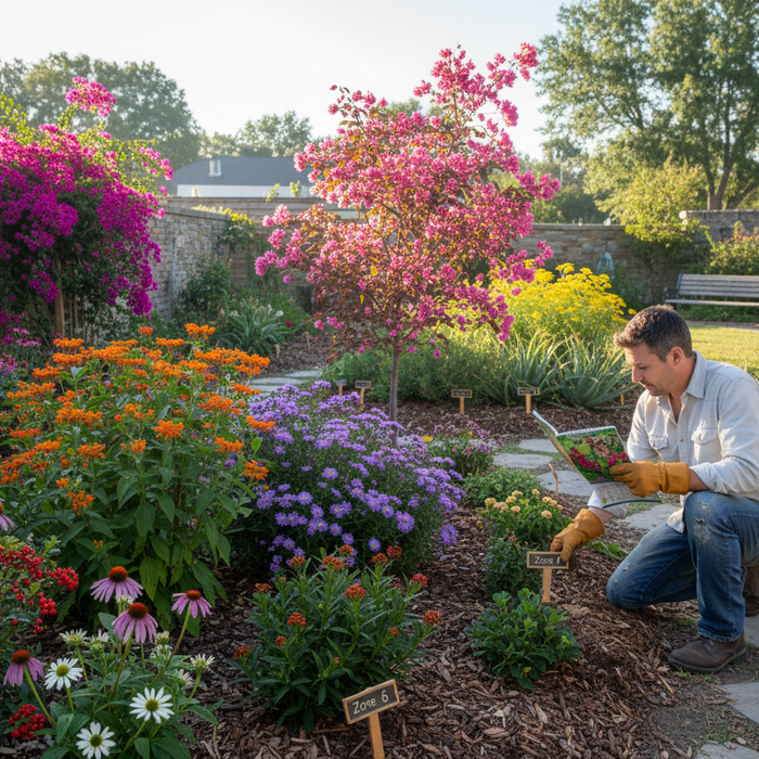 Home gardener planning to plant by zone with colorful flowers and labeled garden beds for optimal growth