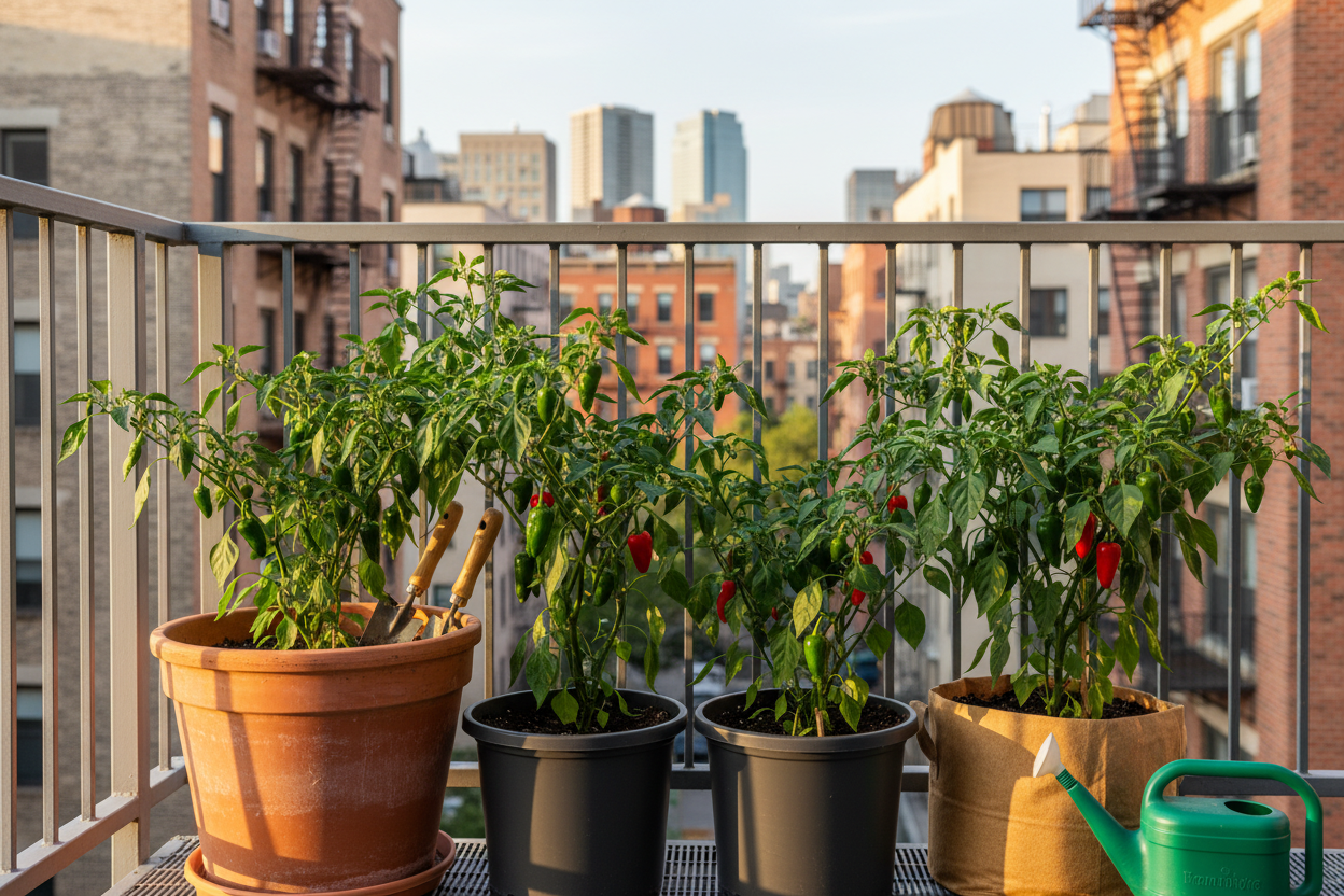 Container gardening peppers thriving on a sunny urban balcony for easy homegrown harvests
