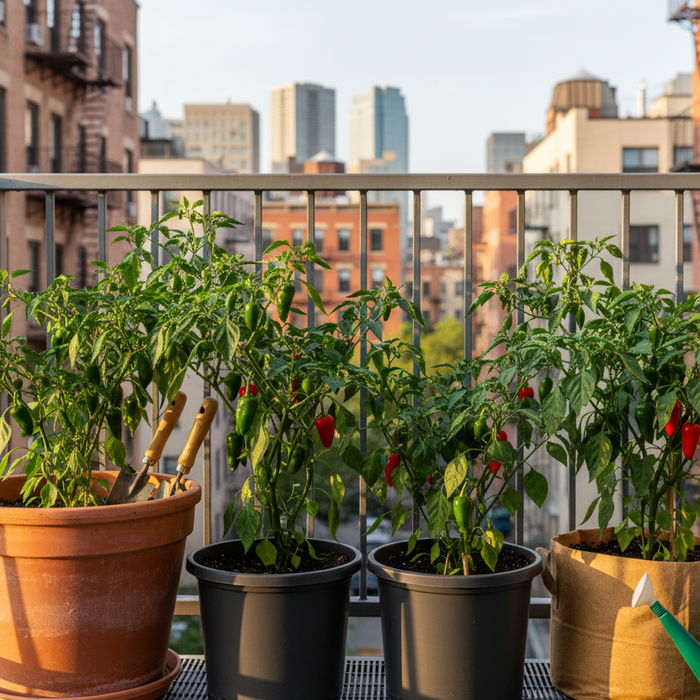Container gardening peppers thriving on a sunny urban balcony for easy homegrown harvests