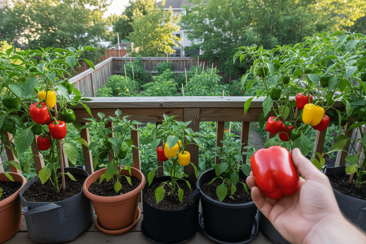 Colorful bell peppers growing in containers on a sunny patio, perfect for growing peppers in containers at home