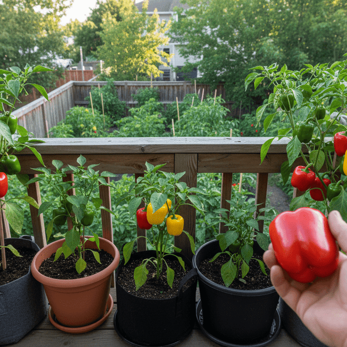 Colorful bell peppers growing in containers on a sunny patio, perfect for growing peppers in containers at home