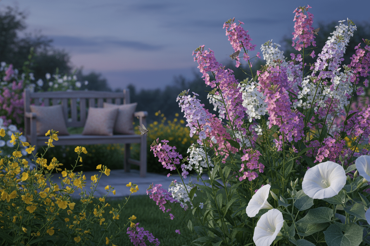 Colorful fragrant perennial flowers blooming in a peaceful backyard garden with a cozy bench for relaxing