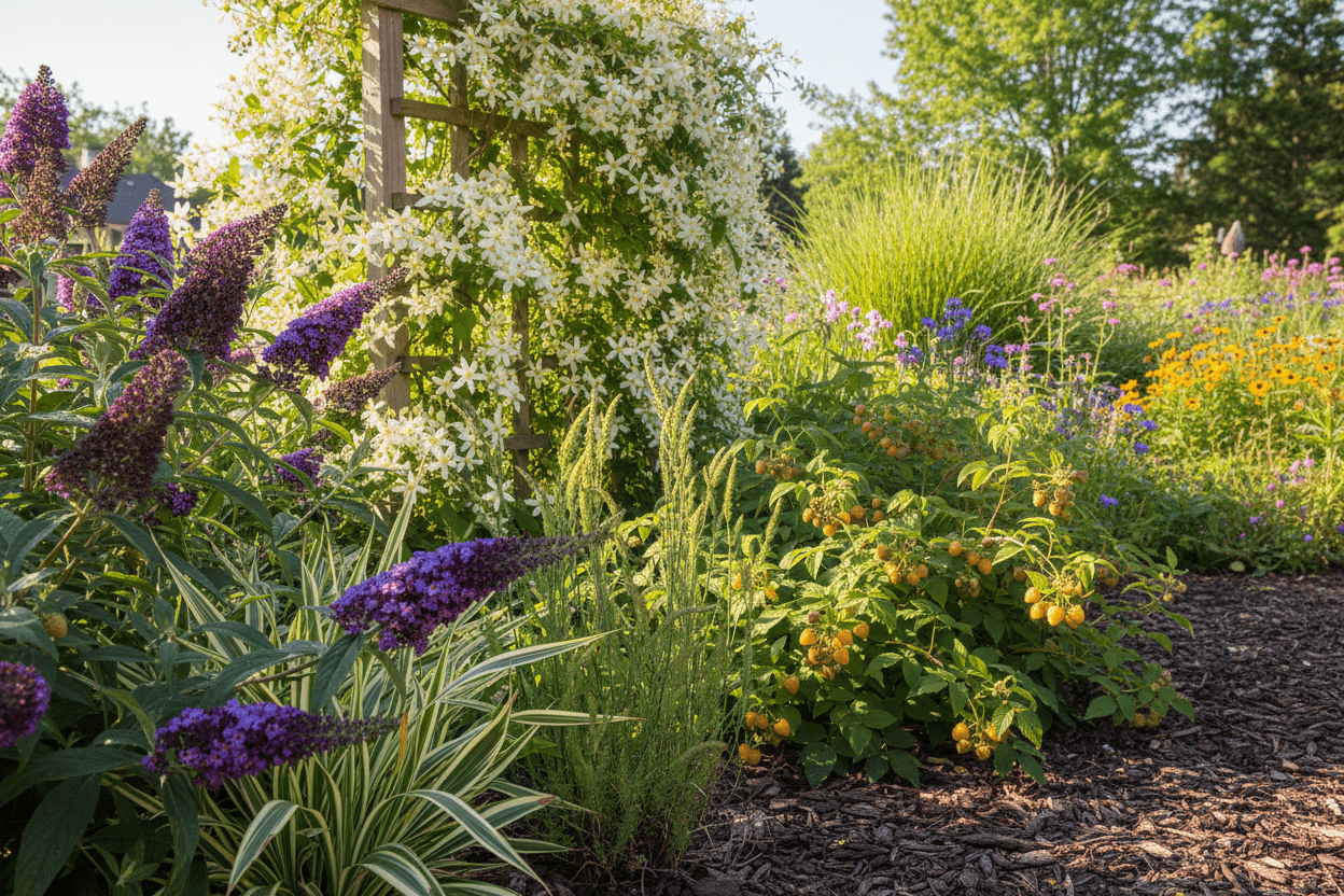 Colorful perennial garden plants blooming in a backyard garden, inspiring home gardeners and growers