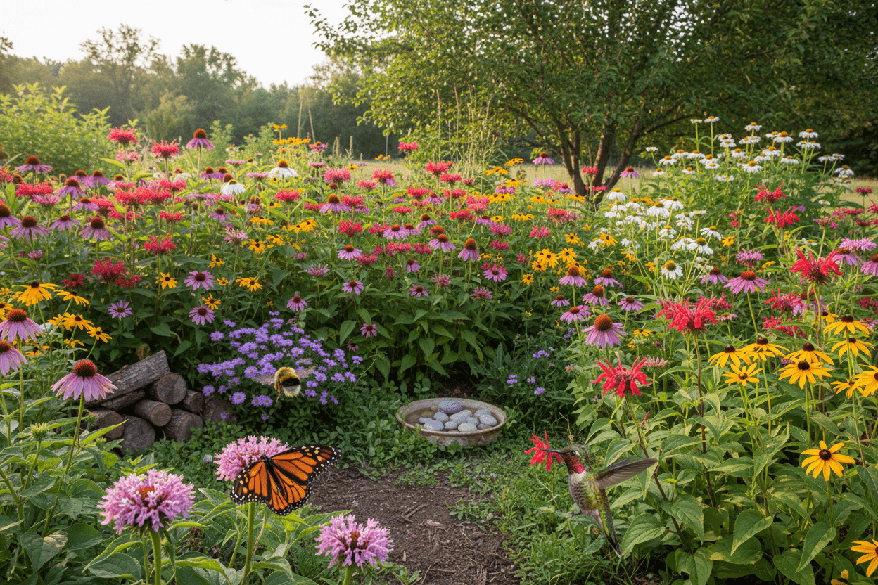 Colorful native pollinator garden plants attracting butterflies, bees, and hummingbirds for a thriving backyard habitat