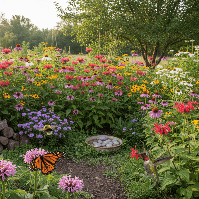 Colorful native pollinator garden plants attracting butterflies, bees, and hummingbirds for a thriving backyard habitat
