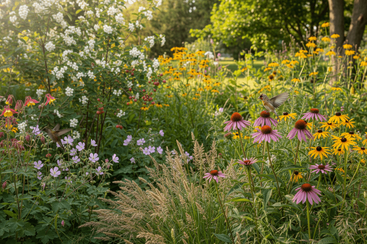 Colorful wildflower garden for birds attracting pollinators and songbirds, perfect for home gardeners and backyard spaces
