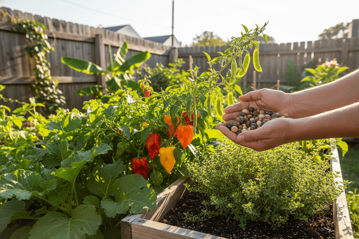 Hands holding caribbean garden seeds over a thriving backyard vegetable garden for home growers