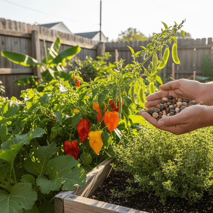 Hands holding caribbean garden seeds over a thriving backyard vegetable garden for home growers