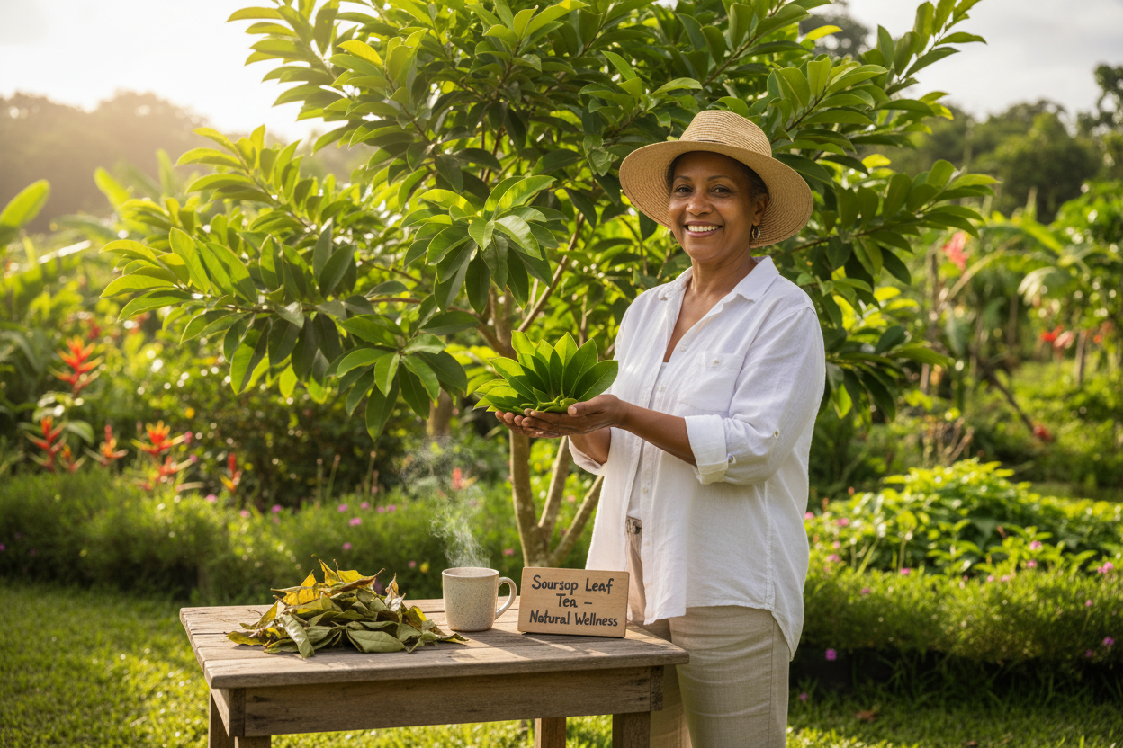 Smiling gardener highlights soursop leaf benefits for natural wellness in a thriving backyard garden