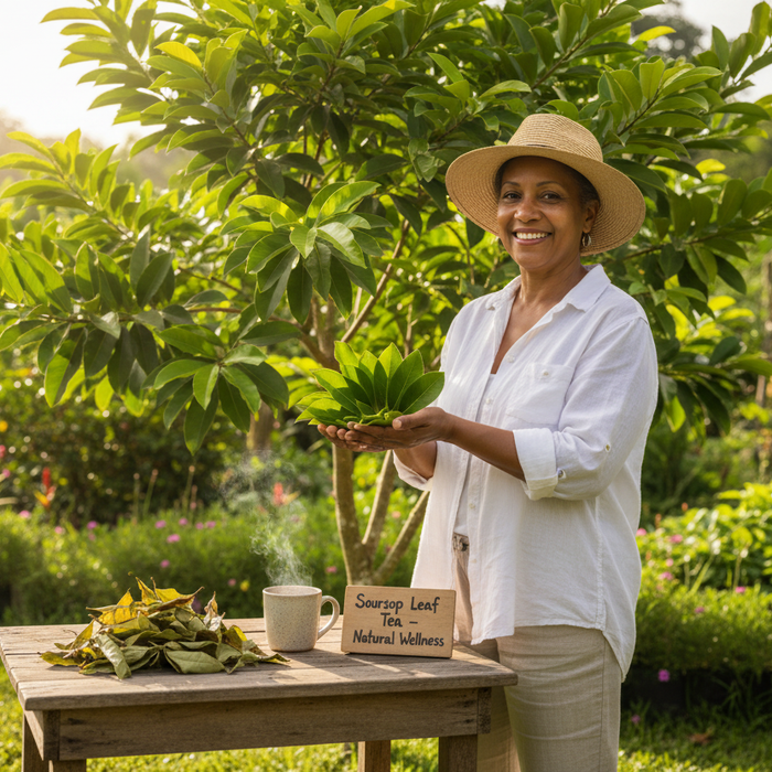Smiling gardener highlights soursop leaf benefits for natural wellness in a thriving backyard garden