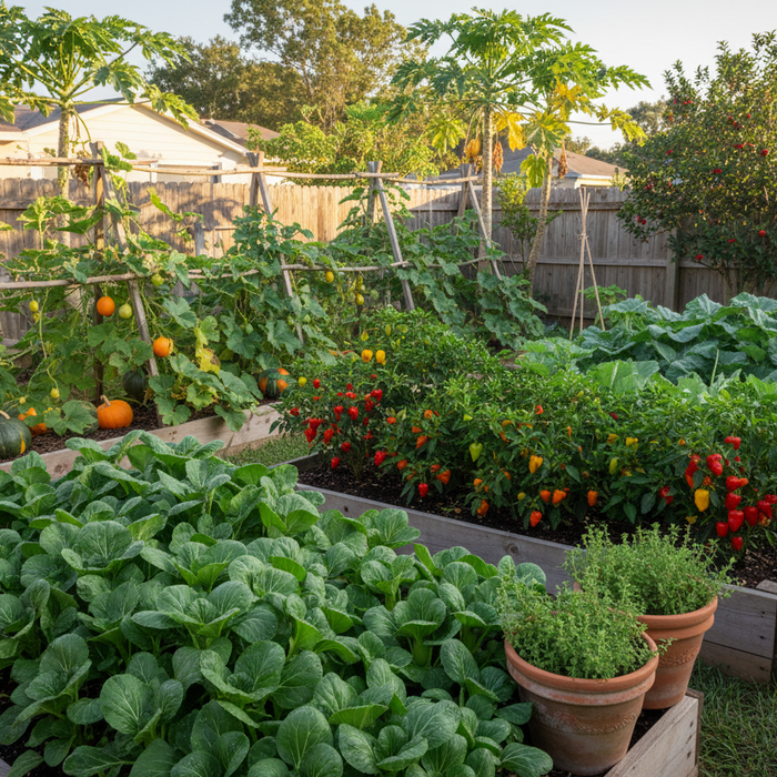 Lush backyard beds showcase vibrant vegetables and herbs grown from caribbean garden seeds for home gardeners