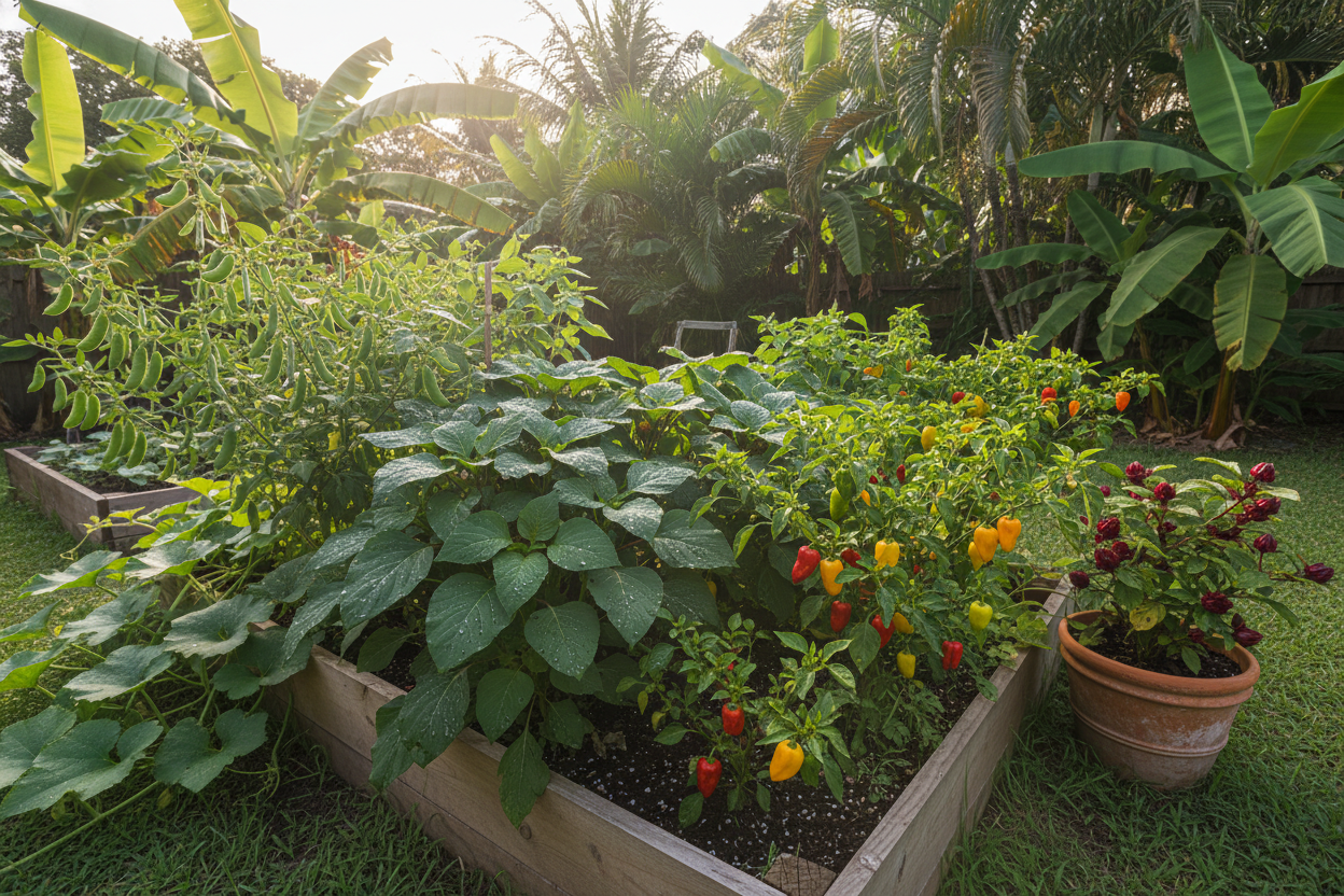Lush raised bed showcasing caribbean garden seeds for vibrant home and backyard gardening inspiration