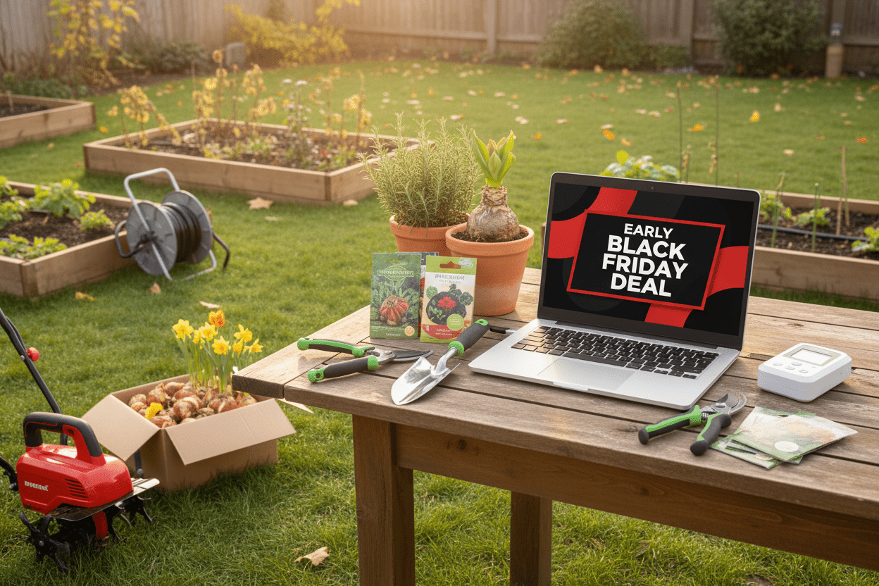 Early Black Friday deal for home gardeners featuring garden tools, seeds, and planting essentials outdoors
