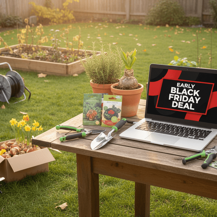 Early Black Friday deal for home gardeners featuring garden tools, seeds, and planting essentials outdoors