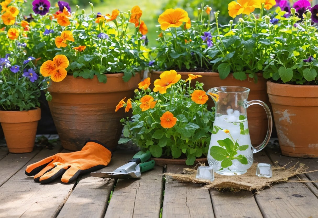 Bright edible flower plants in terracotta pots with gardening gloves and a refreshing floral water pitcher for your organic garden