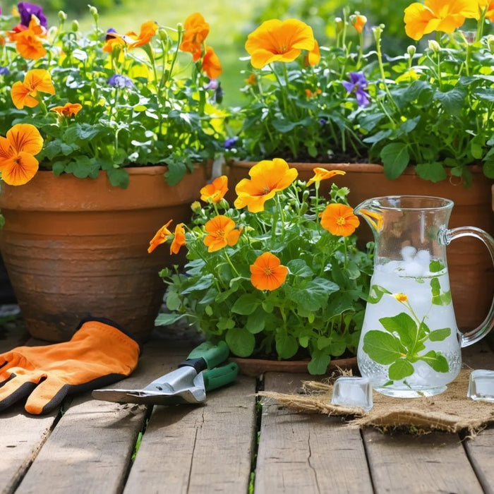 Bright edible flower plants in terracotta pots with gardening gloves and a refreshing floral water pitcher for your organic garden
