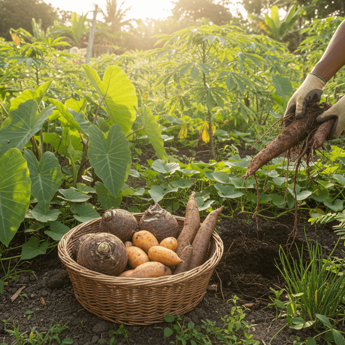 Freshly harvested Caribbean root vegetables in a backyard garden inspire home gardeners to grow their own