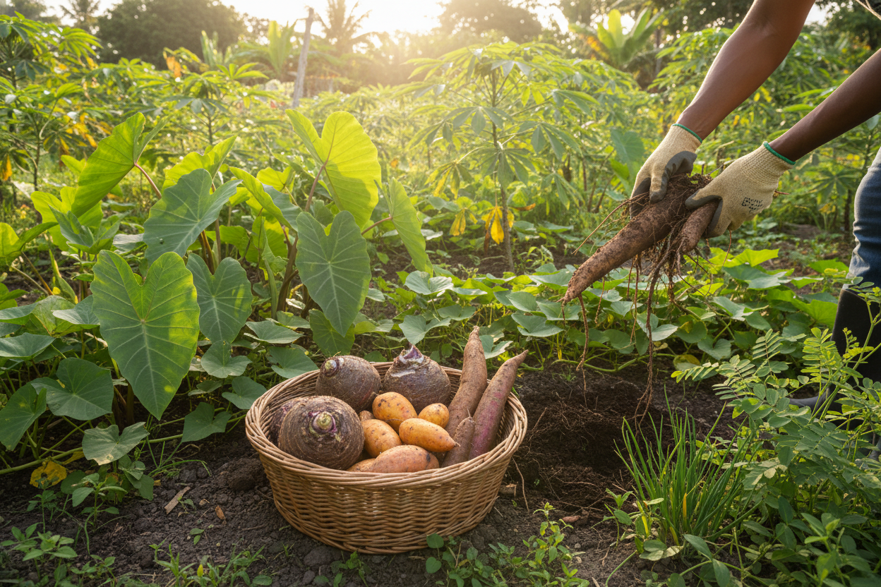 Freshly harvested Caribbean root vegetables in a backyard garden inspire home gardeners to grow their own