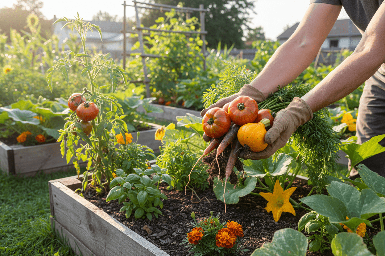 Freshly harvested vegetables in a backyard garden for an organic heirloom vegetable growing guide