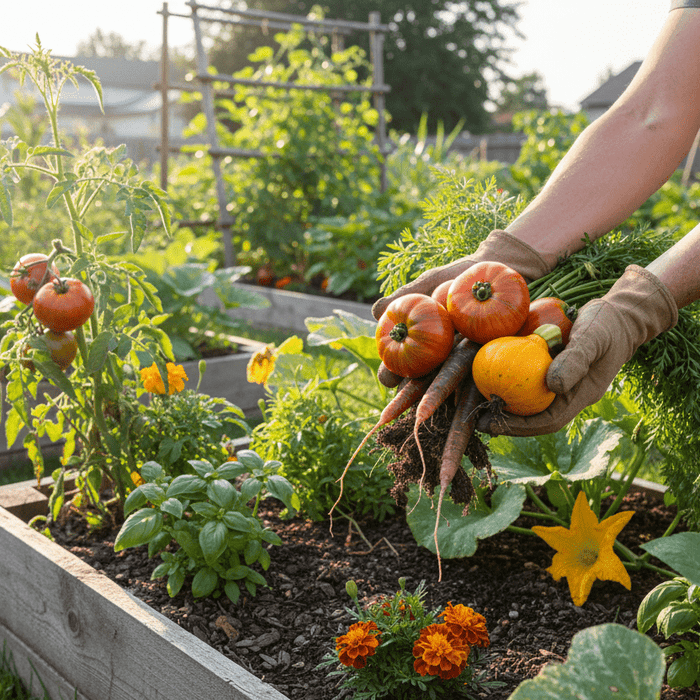 Freshly harvested vegetables in a backyard garden for an organic heirloom vegetable growing guide