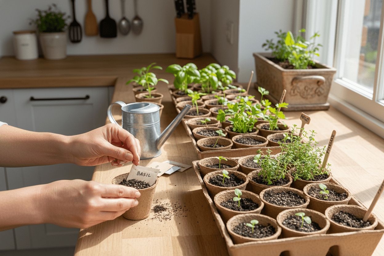Growing herbs from seeds indoors with labeled pots and fresh seedlings on a sunny kitchen windowsill
