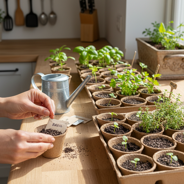 Growing herbs from seeds indoors with labeled pots and fresh seedlings on a sunny kitchen windowsill