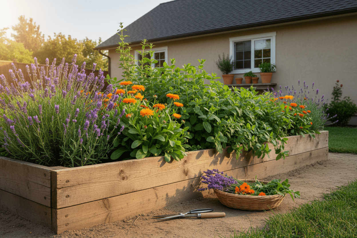 Colorful raised bed with herbs and flowers for a medicinal herb gardening guide in a backyard setting