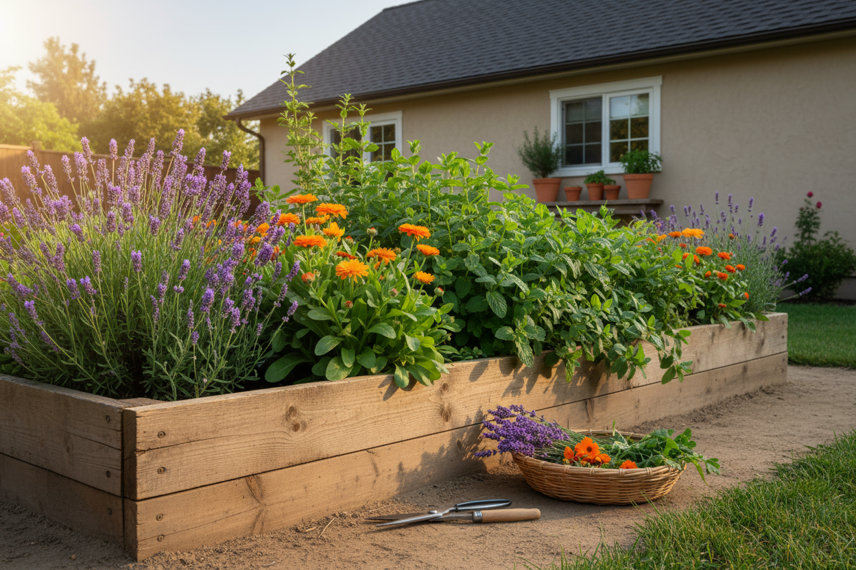 Colorful raised bed with herbs and flowers for a medicinal herb gardening guide in a backyard setting