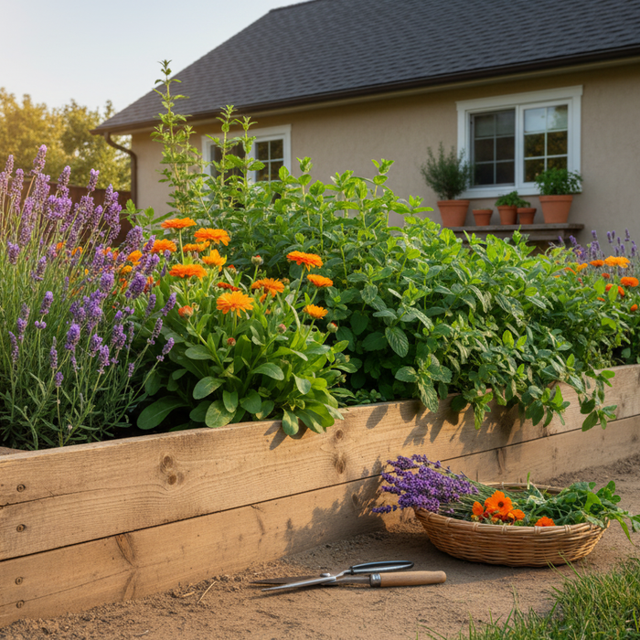 Colorful raised bed with herbs and flowers for a medicinal herb gardening guide in a backyard setting