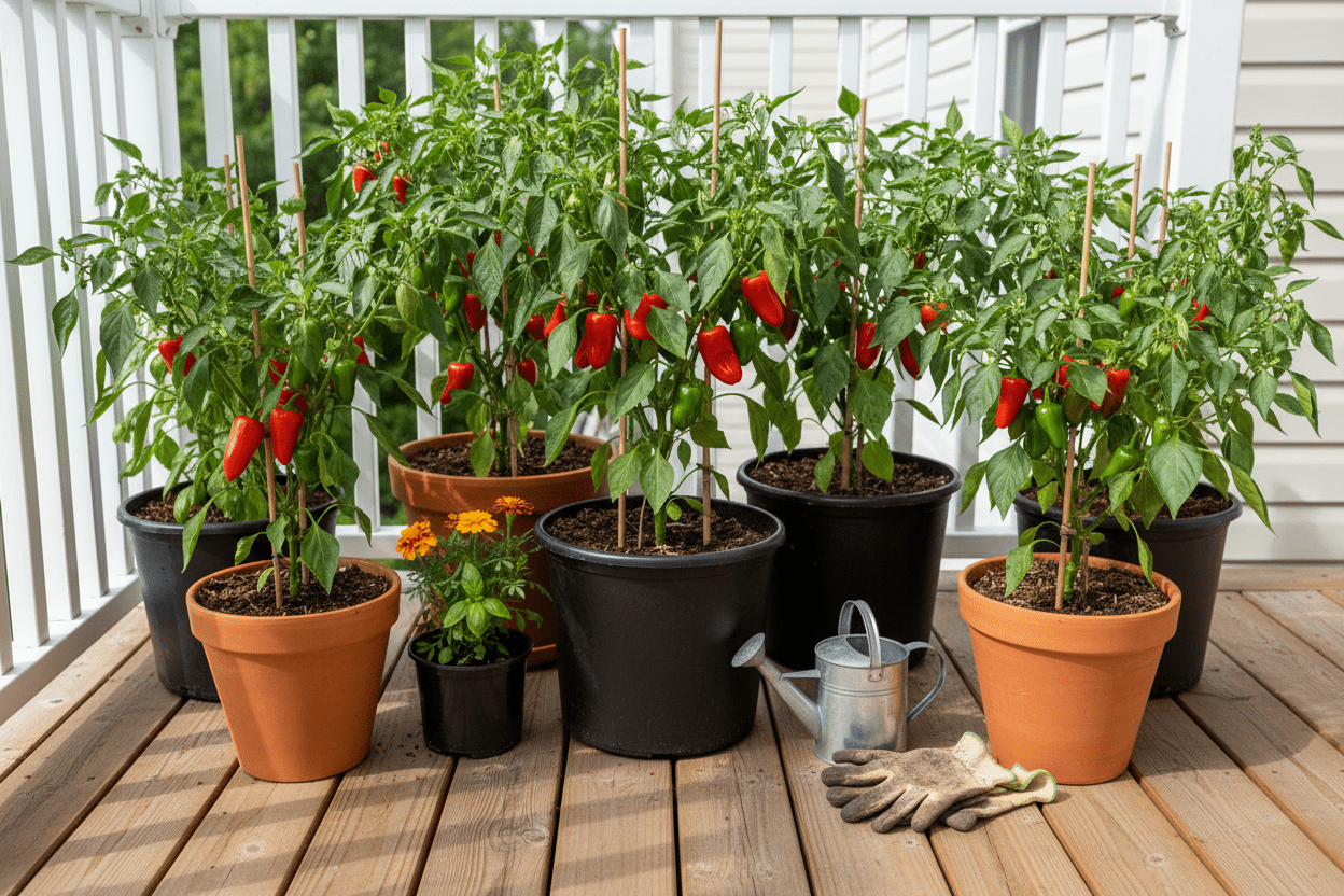 Growing hot peppers in containers on a sunny patio with gardening tools and healthy plants