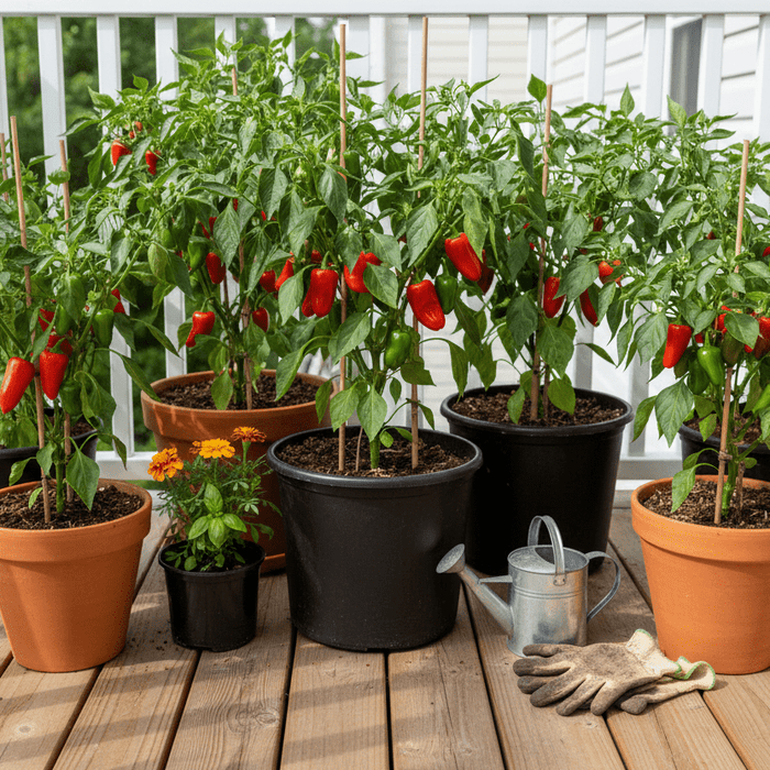 Growing hot peppers in containers on a sunny patio with gardening tools and healthy plants