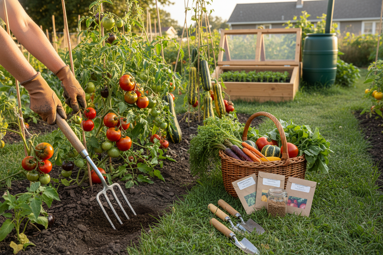 Growing heirloom vegetables guide for home gardeners with fresh harvest, seed packets, and garden tools